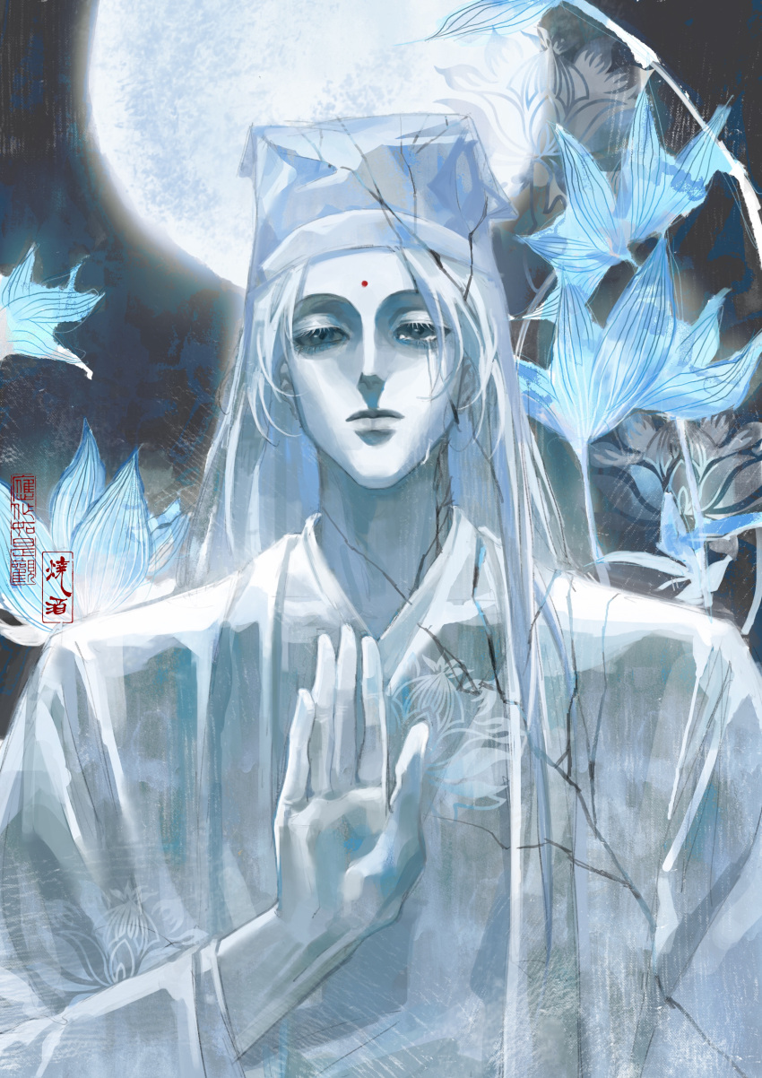 1boy absurdres artist_request bindi black_eyes blue_flower blue_theme broken_statue chinese_clothes chinese_commentary closed_mouth coat commission crack cracked_skin crying crying_with_eyes_open dao_gui_yi_xian flower full_moon hand_up hanfu hat highres jin_(headwear) long_hair long_sleeves looking_at_viewer lotus male_focus moon night night_sky open_clothes open_coat robe seal_impression second-party_source sky solo statue tears upper_body white_coat white_hair white_hanfu white_hat zhouzi_jin_(headwear) zhuge_yuan
