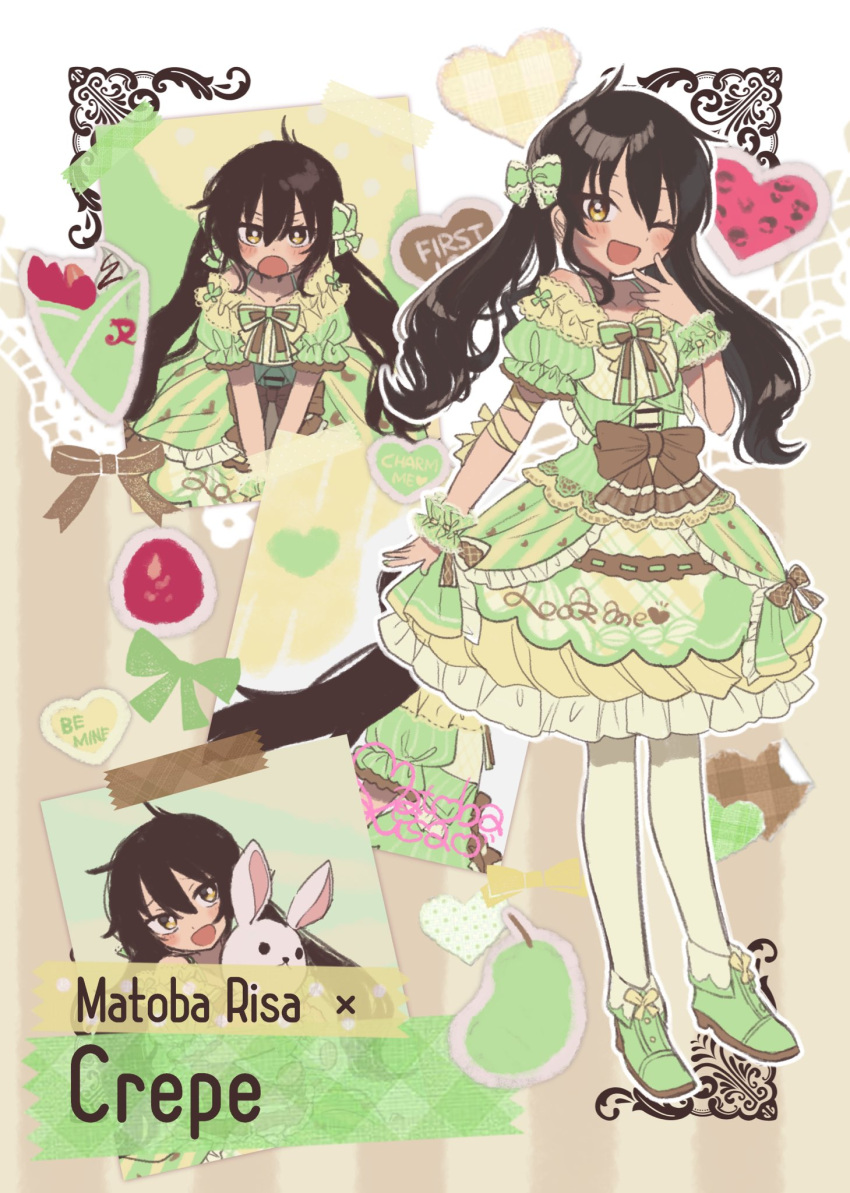 1girl ahoge bare_shoulders black_hair blush character_name crepe dot_nose dress english_text food food-themed_clothes frilled_dress frills fruit green_footwear green_ribbon hair_ribbon hand_on_own_face heart highres holding holding_stuffed_toy idolmaster idolmaster_cinderella_girls leggings long_hair matoba_risa monakocoa multicolored_clothes multicolored_dress multiple_views one_eye_closed open_mouth own_hands_together pear puffy_short_sleeves puffy_sleeves rabbit ribbon ribbon_trim short_sleeves smile standing stuffed_animal stuffed_rabbit stuffed_toy tape twintails white_leggings wrist_cuffs yellow_eyes