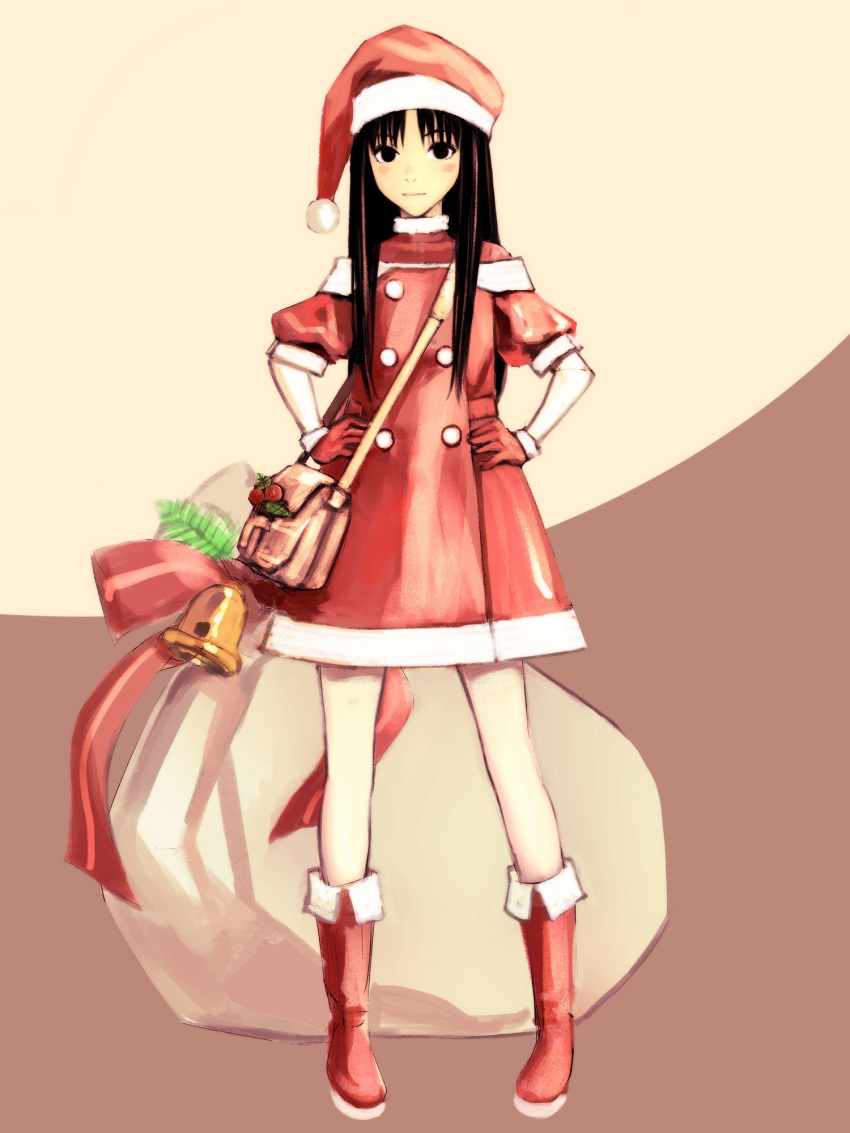 1girl bag bell black_eyes black_hair blood_alone blush boots bow brown_background buttons dress full_body gloves hands_on_own_hips hat highres jingle_bell light_brown_background light_smile long_hair looking_at_viewer misaki_minato pom_pom_(clothes) red_bow red_dress red_footwear red_gloves santa_boots santa_costume santa_dress santa_gloves santa_hat short_sleeves shoulder_bag solo standing straight-on takano_masayuki two-tone_background