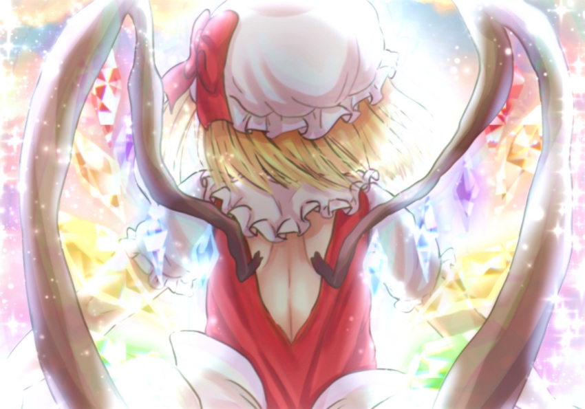 1girl back_bow backless_outfit blonde_hair bow commentary crystal facing_away flandre_scarlet frilled_shirt_collar frilled_sleeves frills glowing glowing_wings hat hat_bow large_bow medium_hair mob_cap multicolored_wings puffy_short_sleeves puffy_sleeves red_bow red_vest sacchan_happy shirt short_sleeves solo symbol-only_commentary touhou upper_body vest white_bow white_headwear white_shirt wings