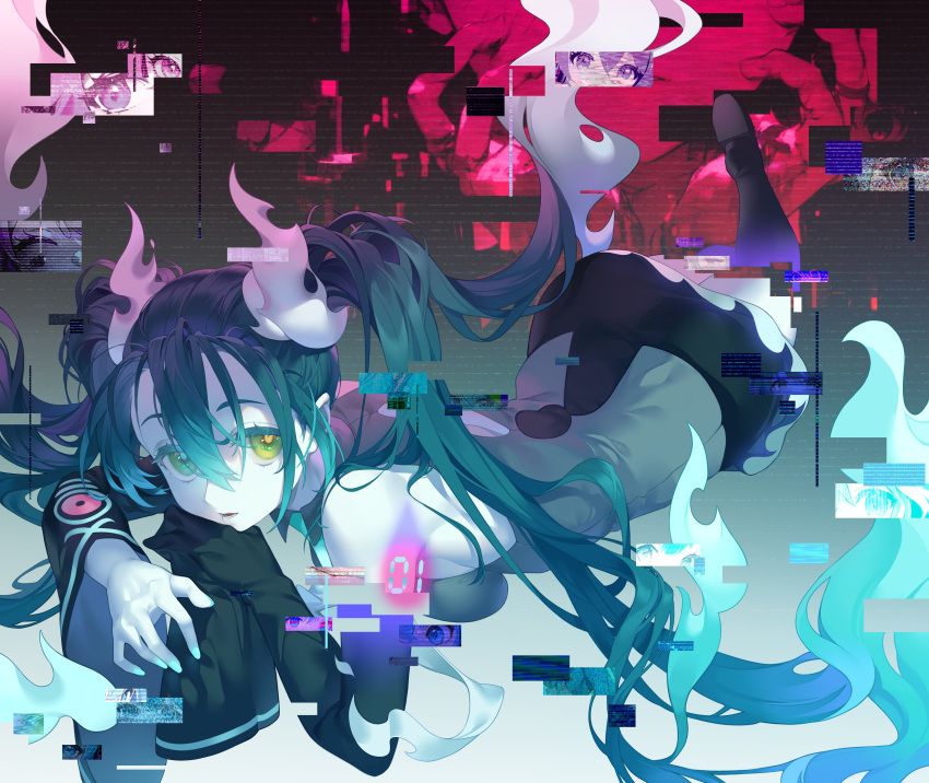 1girl absurdres aqua_hair black_thighhighs detached_sleeves ghost ghost_miku_(project_voltage) glitch grey_shirt hair_between_eyes hatsune_miku highres long_hair looking_at_viewer may_(2747513627) pale_skin pokemon project_voltage shirt skirt thigh-highs twintails very_long_hair vocaloid will-o'-the-wisp_(mythology) yellow_eyes