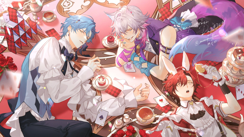 3boys absurdres alice_(alice_in_wonderland) alice_(alice_in_wonderland)_(cosplay) alice_in_wonderland animal_ears blue_eyes blue_hair cake card cat_ears cat_tail cheshire_cat_(alice_in_wonderland) cheshire_cat_(alice_in_wonderland)_(cosplay) cosplay cup dated earrings english_text flower food frilled_shirt frills gavis_bettel gloves green_eyes grey_hair hair_between_eyes heterochromia highres holostars holostars_english jewelry leaning_forward looking_at_object looking_at_viewer lying machina_x_flayon male_focus medium_hair multicolored_hair multicolored_nails multiple_boys on_back on_side pink_eyes pink_hair playing_card pocket_watch rabbit_ears red_flower redhead regis_altare ribbon rm-parfait rose shirt short_hair signature smile sparkle tail tea teacup twitter_username virtual_youtuber watch white_gloves white_rabbit_(alice_in_wonderland) white_rabbit_(alice_in_wonderland)_(cosplay) white_shirt