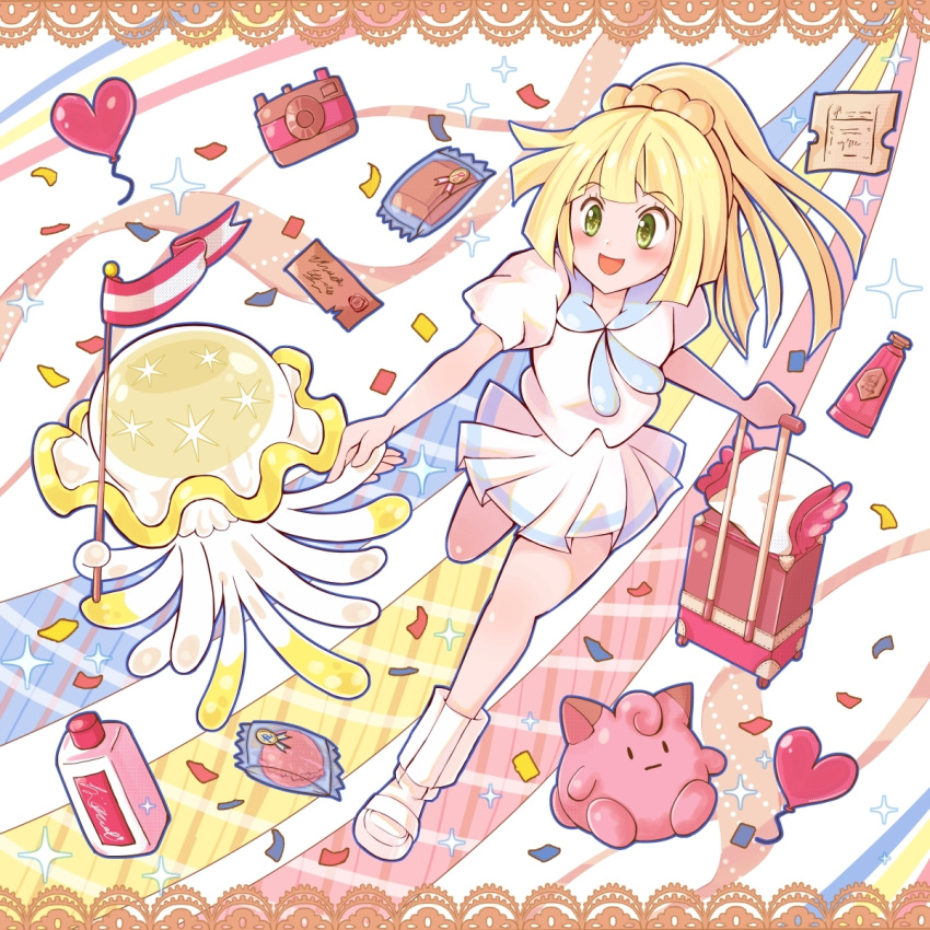 1girl balloon blonde_hair blunt_bangs blush camera commentary_request confetti eyelashes flag following frilled_pillow frills green_eyes heart_balloon highres holding holding_another's_arm holding_flag holding_suitcase lillie_(nihilego) lillie_(pokemon) long_hair n_yurikun nihilego open_mouth pillow pleated_skirt pokemon pokemon_(anime) pokemon_(creature) pokemon_journeys ponytail rolling_suitcase shirt skirt smile socks sparkle stuffed_toy suitcase ticket white_footwear white_shirt white_skirt white_socks
