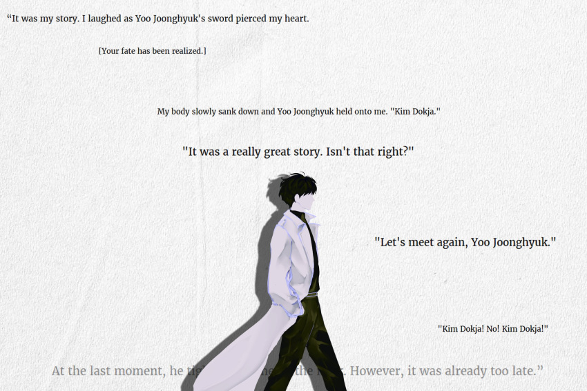 1boy black_hair black_shirt coat collared_shirt drop_shadow english_text faceless facing_to_the_side hands_in_pockets highres kim_dokja male_focus omniscient_reader's_viewpoint open_clothes open_coat outdoors paper_texture shirt short_hair solo variant_set walking white_coat yu_shiro_ki