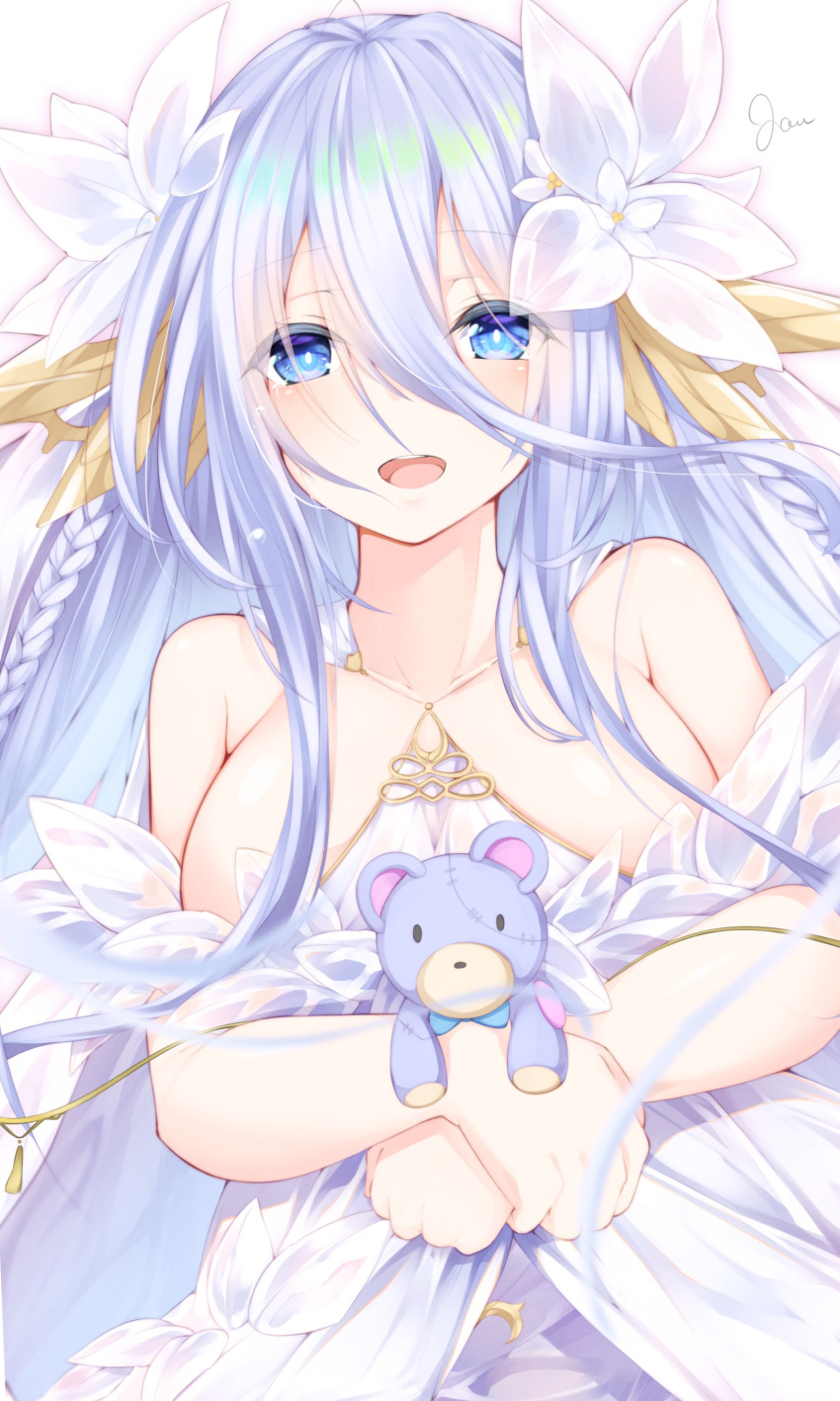 1girl absurdres bare_shoulders blue_eyes blue_hair blush breasts date_a_live flower hair_between_eyes hair_flower hair_ornament highres large_breasts long_hair looking_at_viewer open_mouth p41nt_jam smile stuffed_animal stuffed_toy takamiya_mio teddy_bear white_background