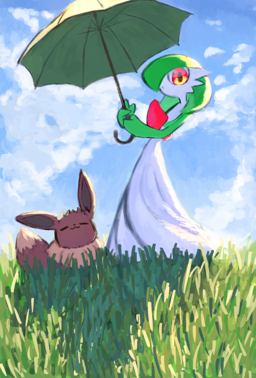 1girl :3 =_= absurdres backlighting blue_sky bob_cut closed_eyes closed_mouth clouds colored_skin commentary_request eevee flat_chest full_body gardevoir grass green_hair green_skin hair_over_one_eye hands_up highres holding holding_umbrella looking_at_viewer maemuki multicolored_skin one_eye_covered outdoors own_hands_together pokemon pokemon_(creature) red_eyes short_hair sky standing sunlight two-tone_skin umbrella white_skin