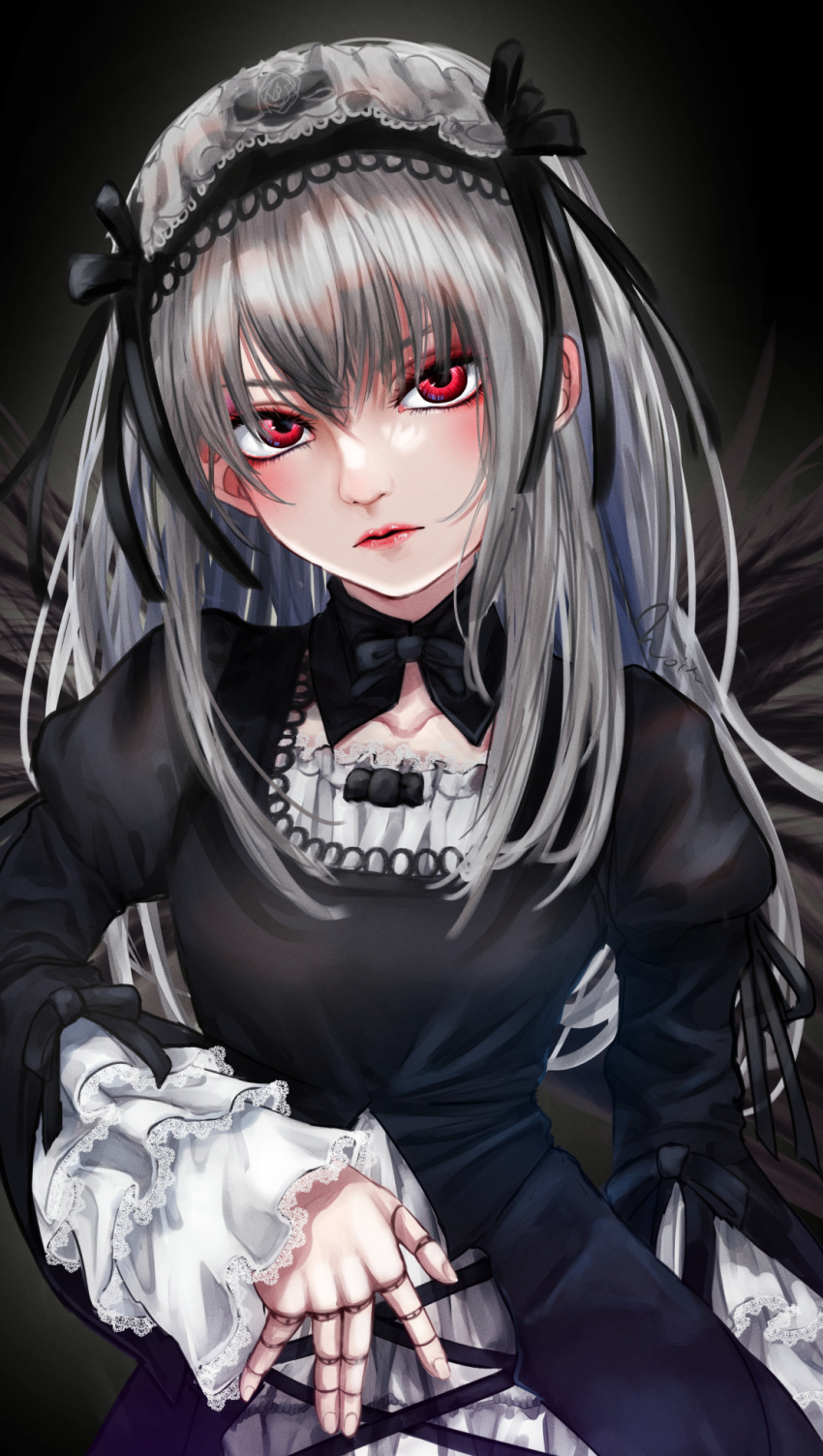 1girl artist_name black_dress black_ribbon black_wings collarbone detached_collar doll_joints dress eyelashes feathered_wings fingernails frown gothic_lolita grey_hair hair_between_eyes hairband highres joints juliet_sleeves lolita_fashion lolita_hairband long_hair long_sleeves noir_(nowaru) nose pink_lips puffy_sleeves red_eyes ribbon rozen_maiden sleeve_ribbon solo suigintou two-tone_dress white_dress wings