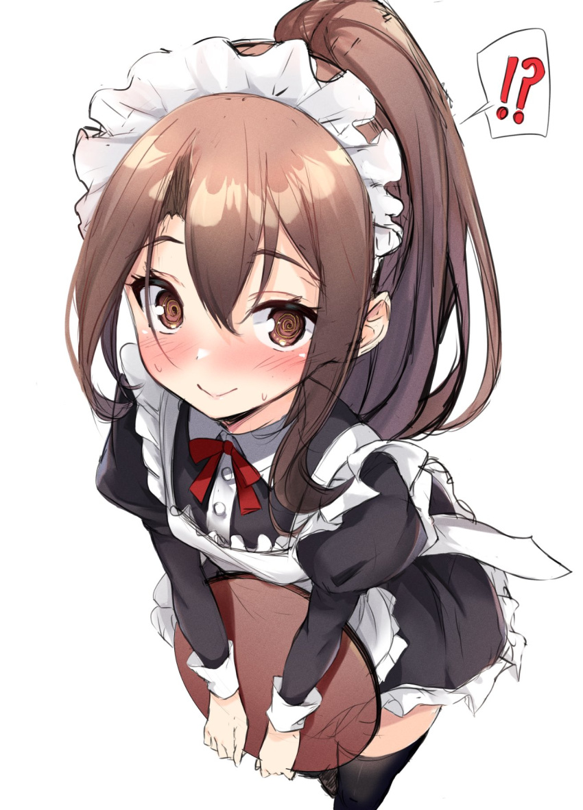 !? 1girl alternate_costume apron black_dress black_thighhighs brown_eyes brown_hair dress enmaided feet_out_of_frame frilled_apron frilled_dress frills from_above highres kantai_collection looking_at_viewer maid maid_headdress ponytail simple_background solo spoken_interrobang thigh-highs tray white_apron white_background zarashi zuihou_(kancolle)