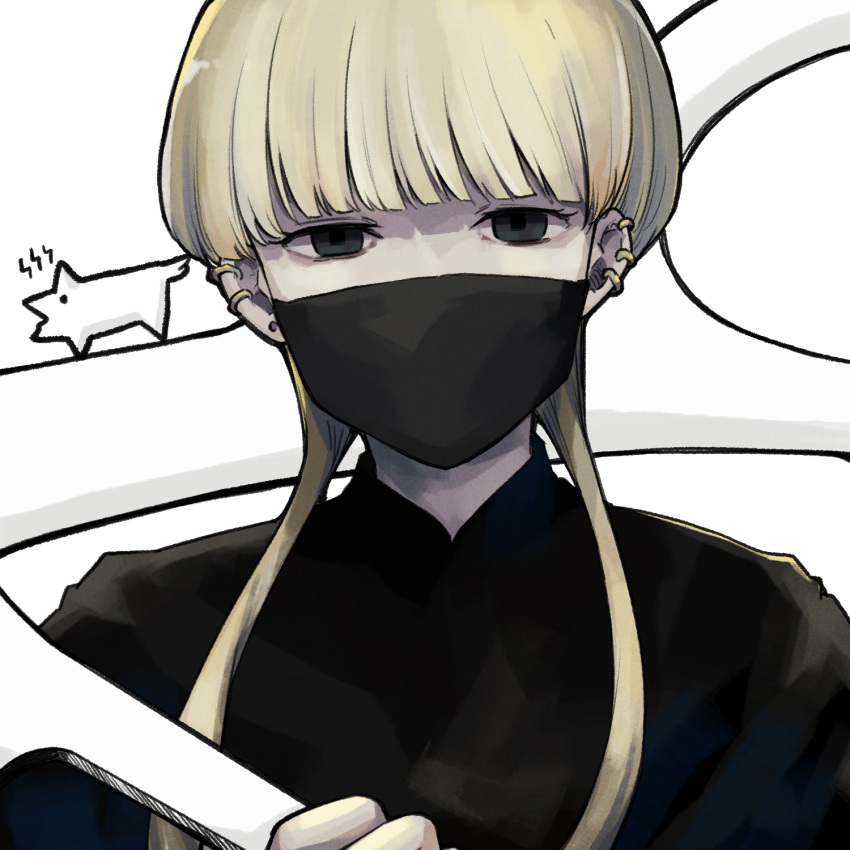1girl black_jacket black_mask blonde_hair choujin_x closed_mouth covered_mouth cropped_torso grey_eyes highres hime_cut jacket looking_at_viewer mask mouth_mask origami paper_crane ririka_umezawa serious short_hair short_hair_with_long_locks simple_background solo surgical_mask upper_body white_background yuma_kahara