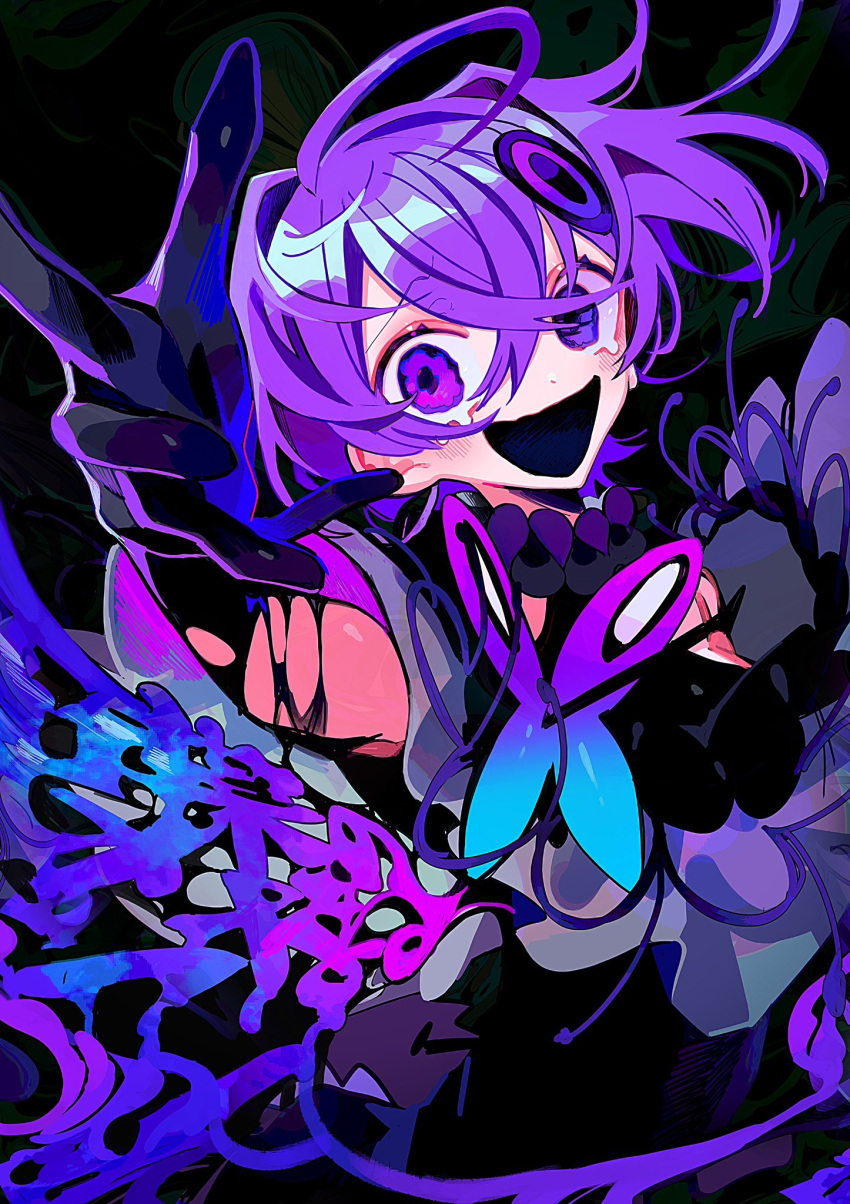 1girl abnormality_dancin'_girl_(vocaloid) ahoge black_background black_dress black_gloves crossed_bangs crying crying_with_eyes_open dress flower_(vocaloid) gloves hair_ornament highres himanemuitoma messy_hair open_mouth purple_hair purple_theme short_hair tears violet_eyes vocaloid