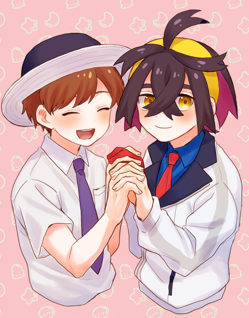2boys :d ahoge blue_shirt blush breast_pocket brown_hair closed_eyes closed_mouth collared_shirt crossed_bangs florian_(pokemon) hair_between_eyes hairband hands_up hat highres holding_hands jacket kieran_(pokemon) male_focus mochi_(mocchi_p_2m) multiple_boys necktie open_mouth pink_background pocket purple_necktie red_necktie school_uniform shirt short_hair smile teeth tongue upper_body upper_teeth_only white_headwear white_jacket white_shirt yellow_hairband