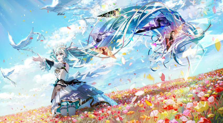 1boy 5girls absurdres azusawa_kohane bird blue_sky clouds commentary detached_sleeves dress earrings falling_petals floating_hair flower flying frilled_dress frills glass green_eyes green_hair hair_ribbon hanasato_minori hatsune_miku highres hoop_earrings hoshino_ichika_(project_sekai) jewelry kika layered_dress light_particles long_hair looking_at_animal meadow multiple_girls orange_flower outstretched_arms petals pink_flower project_sekai red_flower ribbon sidelocks sky smile standing striped striped_ribbon sunlight tenma_tsukasa thigh-highs tiara too_many_flowers twintails very_long_hair vocaloid white_dress white_flower white_ribbon white_thighhighs yoisaki_kanade