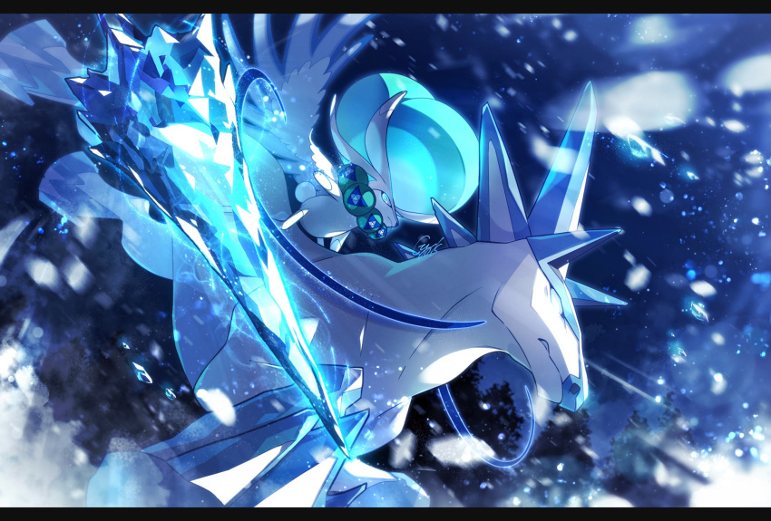 blurry calyrex calyrex_(ice_rider) commentary_request from_side glastrier glowing highres ice kuroiro_otento night no_humans outdoors pokemon pokemon_(creature) riding riding_pokemon snowing