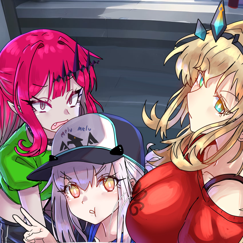 absurdres baobhan_sith_(fate) barghest_(fate) blonde_hair breasts ebora fate/grand_order fate_(series) grey_eyes heterochromia highres horns huge_breasts long_hair looking_at_viewer melusine_(fate) multiple_girls pink_hair pointy_ears small_breasts white_hair yellow_eyes