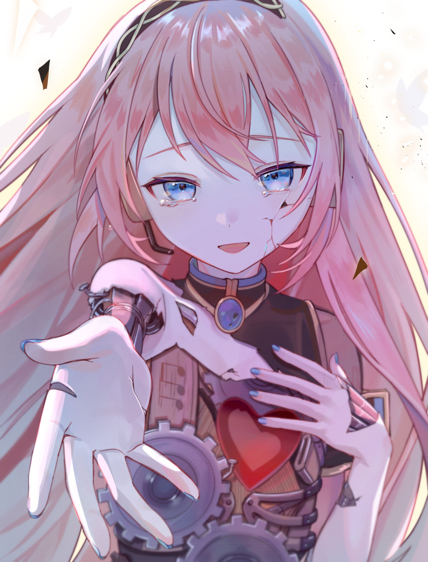 1girl absurdres blue_eyes blue_nails cracked_skin crying crying_with_eyes_open facing_viewer foreshortening hand_on_own_chest headphones heart highres long_hair looking_at_viewer mechanical_parts megurine_luka musical_note open_mouth pink_hair reaching reaching_towards_viewer solo tears upper_body vocaloid vs0mr wander_last_(vocaloid) white_background
