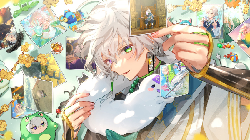 1boy absurdres alternate_costume bead_necklace beads black_feathers blue_vest closed_eyes collared_shirt commentary_request earrings feathers fence flower_request fur_collar gloves green_background green_eyes green_gloves grey_shirt hanafuda_earrings heterochromia highres holding holding_photo inkling jewelry jumping long_sleeves looking_at_viewer male_focus mandarin_collar matochi_(fa) murakumo_kagetsu murakumo_kagetsu_(1st_costume) murakumo_kagetsu_(3rd_costume) necklace nijisanji open_mouth photo_(object) purple_shirt shirt shorts smile splatoon_(series) upper_body v vest violet_eyes virtual_youtuber watakumo_(murakumo_kagetsu) white_shirt white_shorts