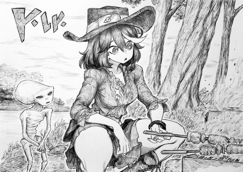1girl 1other absurdres alien bracelet chronozbergh commentary cooking cowboy_hat fire food graphite_(medium) greyscale grilling hat hatching_(texture) highres holding holding_skewer jewelry kill_la_kill konohagakure_symbol matoi_ryuuko meat meme mexico_ufo_alien_bodies_hearing_(meme) miniskirt monochrome multicolored_hair naruto_(series) pleated_skirt river skewer skirt squatting streaked_hair thick_thighs thighs traditional_media tree