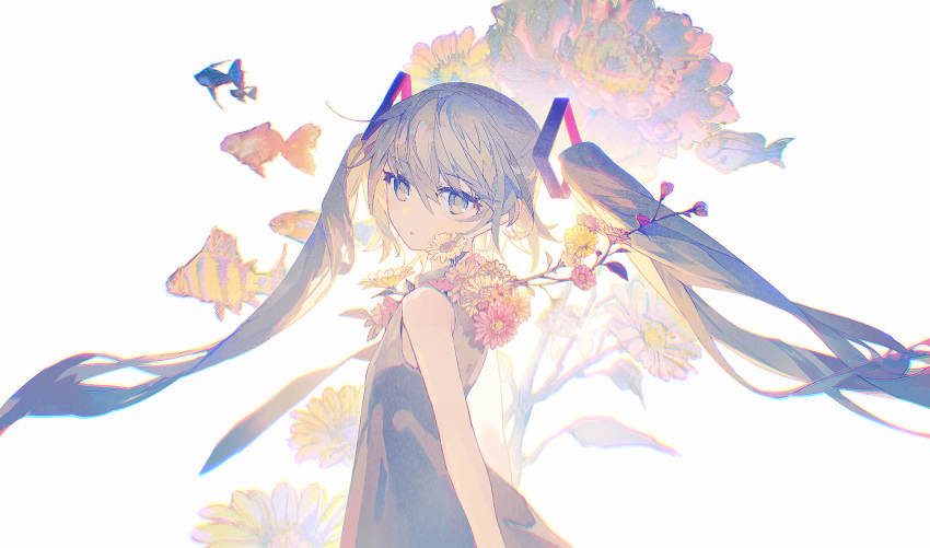 1girl aqua_eyes aqua_hair arms_at_sides backlighting bare_arms branch branch_on_shoulder bud chromatic_aberration dot_nose dress fish fish_request flat_chest floral_background flower flower_on_shoulder flower_request gerbera hair_between_eyes hatsune_miku highres leaf lobelia_(saclia) long_hair looking_at_viewer looking_to_the_side necktie orange_flower parted_lips pink_flower sidelocks simple_background sleeveless sleeveless_dress solo tsurime twintails upper_body very_long_hair vocaloid white_background white_dress yellow_flower