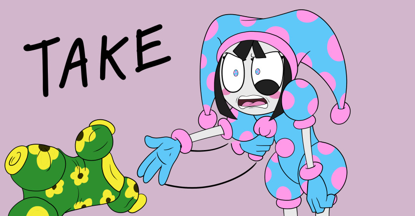 1girl absurdres angry annoyed black_hair blue_bodysuit blue_eyes blunt_bangs blush_stickers bodysuit clenched_teeth clothes_grab constricted_pupils desperation eye_twitch frown gloves hat hat_bell highres hm_artist jester jester_cap motion_lines open_mouth pink_eyes pink_polka_dots polka_dot pom_pom_(clothes) pomni_(the_amazing_digital_circus) puffy_short_sleeves puffy_sleeves short_sleeves solo teeth the_amazing_digital_circus two-tone_eyes undressing unworn_clothes