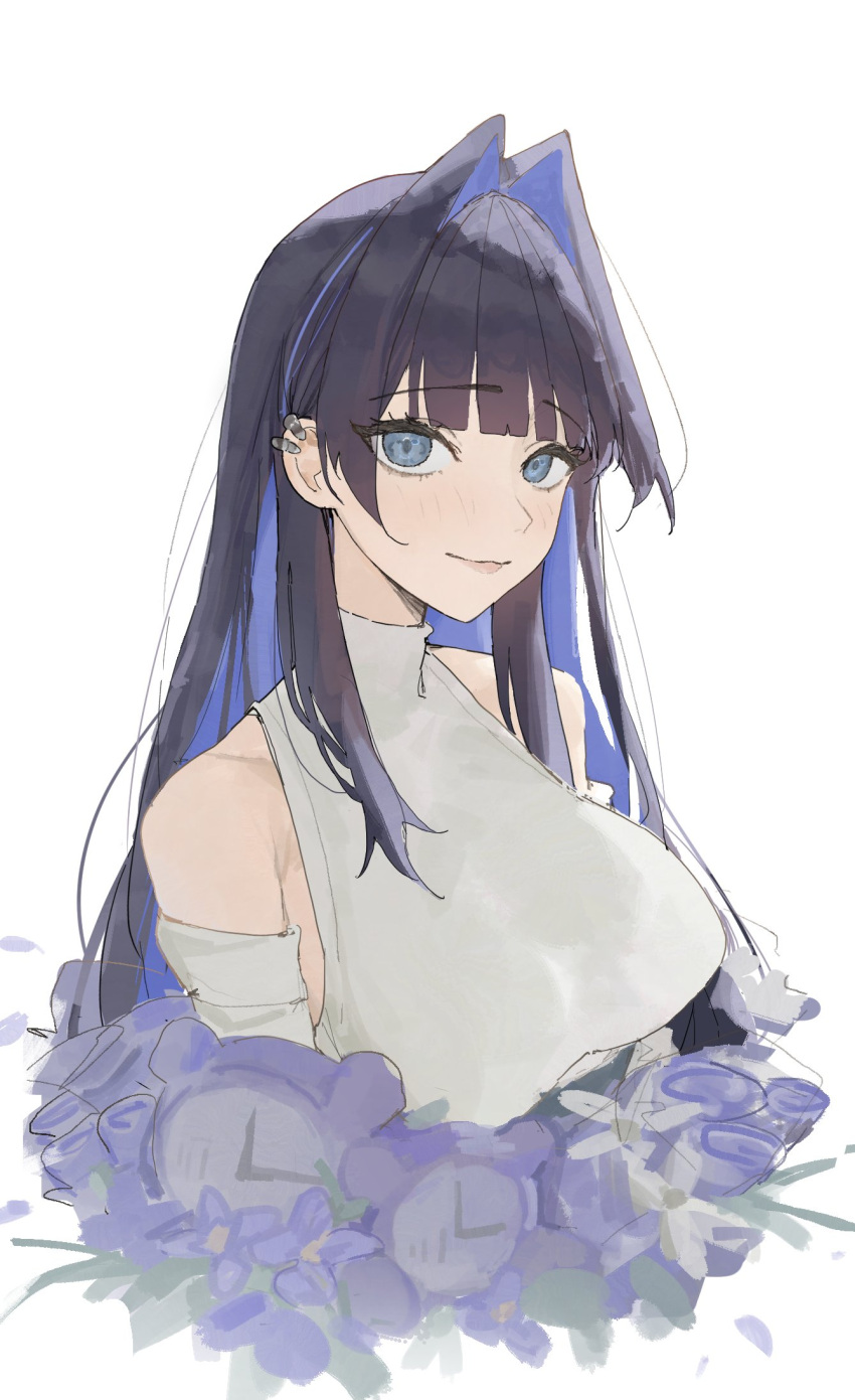 1girl arch_05x black_hair blue_eyes blue_flower blue_hair blunt_bangs clock colored_inner_hair cropped_torso detached_sleeves ear_piercing flower highres hololive hololive_english light_smile long_hair looking_at_viewer multicolored_hair ouro_kronii ouro_kronii_(3rd_costume) piercing shirt sidelocks sleeveless sleeveless_shirt smile solo two-tone_hair virtual_youtuber white_background white_shirt
