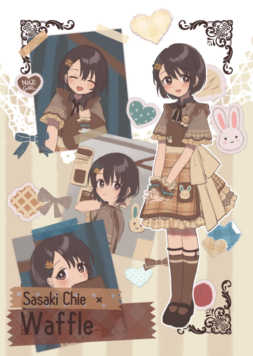 1girl apron black_footwear black_hair blush bob_cut brown_apron brown_eyes brown_socks character_name closed_eyes dot_mouth dress english_text food food-themed_clothes food-themed_hair_ornament frilled_dress frills fruit full_body hair_between_eyes hair_ornament highres holding holding_menu idolmaster idolmaster_cinderella_girls kneehighs legs_together looking_back menu monakocoa multicolored_clothes open_mouth own_hands_together rabbit ribbon sasaki_chie short_hair smile socks solo solo_focus standing strawberry tape tray waffle wrist_cuffs