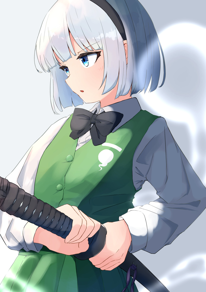 1girl :o absurdres black_bow black_bowtie black_hairband blue_eyes blunt_bangs blunt_ends bob_cut bow bowtie buttons collared_shirt cowboy_shot fighting_stance gradient_background green_skirt green_vest grey_background grey_hair hairband hand_on_hilt highres hitodama hitodama_print holding holding_sword holding_weapon konpaku_youmu konpaku_youmu_(ghost) light_blush long_sleeves looking_ahead parted_lips pleated_skirt ready_to_draw refuson_man scabbard serious sheath sheathed shirt short_hair skirt skirt_set solo standing sword touhou vest weapon white_shirt
