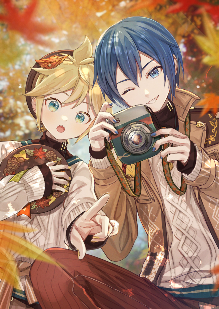 2boys absurdres autumn autumn_leaves blonde_hair blue_eyes blue_hair blue_nails blurry blurry_background camera green_eyes hat highres holding holding_camera kagamine_len kaito_(vocaloid) looking_at_viewer male_focus multiple_boys nail_polish one_eye_closed open_mouth pointing project_sekai short_hair smile squatting sweater taking_picture upper_body vocaloid vs0mr yellow_nails