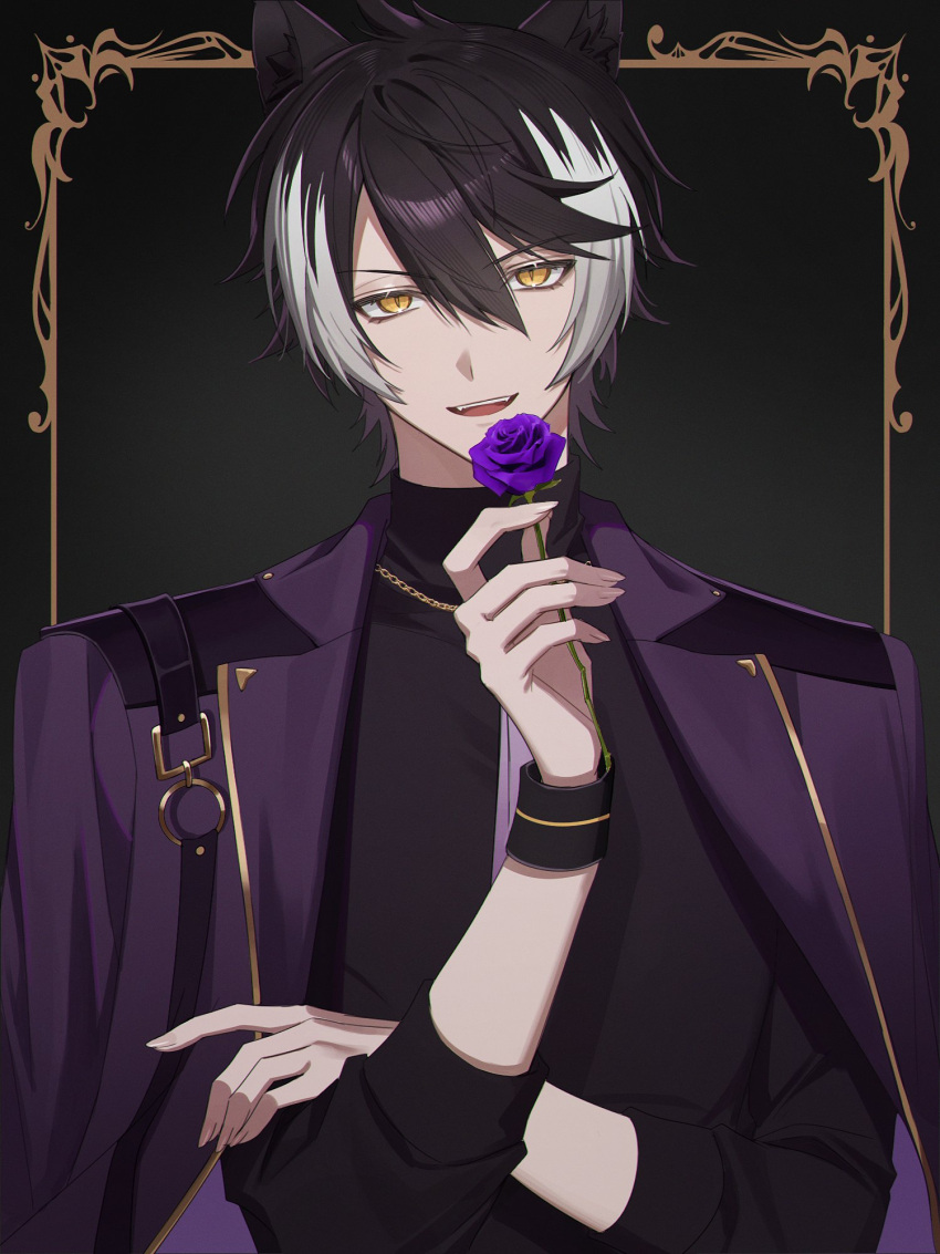 1boy :d animal_ears black_background black_hair black_shirt chain_necklace chap_yun fangs fingernails flower gold_trim hair_between_eyes hand_on_own_arm head_tilt highres holding holding_flower holostars jackal_boy jackal_ears jacket jacket_on_shoulders jewelry kageyama_shien lapels looking_at_viewer male_focus multicolored_hair necklace notched_lapels o-ring official_alternate_costume purple_flower purple_jacket purple_rose rose sharp_fingernails shirt short_hair sleeves_past_elbows slit_pupils smile solo teeth turtleneck two-tone_hair upper_body upper_teeth_only virtual_youtuber white_hair wristband yellow_eyes
