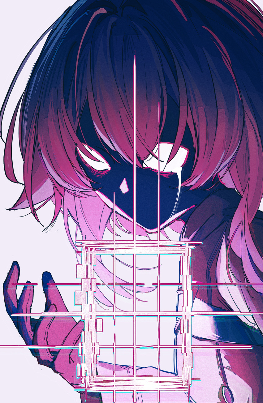 1girl abstract black_gloves blue_archive crying eironeus gloves highres hoshino_(blue_archive) hoshino_terror_(blue_archive) long_sleeves medium_hair no_pupils pink_background pink_hair simple_background solo
