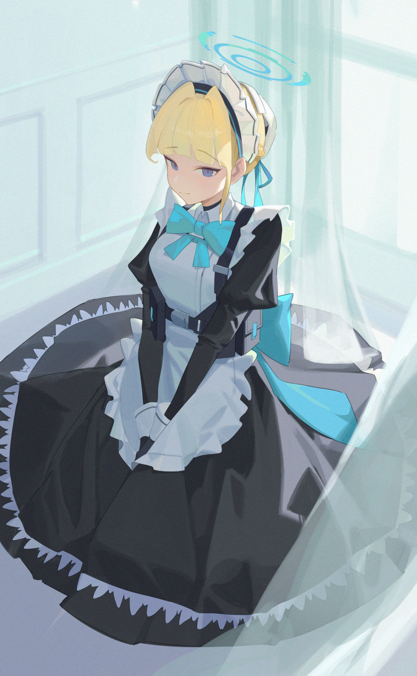 1girl aash4i absurdres apron black_dress blonde_hair blue_archive blue_bow blue_bowtie blue_eyes blue_halo bow bowtie chinese_commentary closed_mouth commentary_request dress full_body halo highres indoors juliet_sleeves long_dress long_sleeves maid maid_apron maid_headdress puffy_sleeves short_hair sidelocks sitting solo toki_(blue_archive) white_apron wing_collar