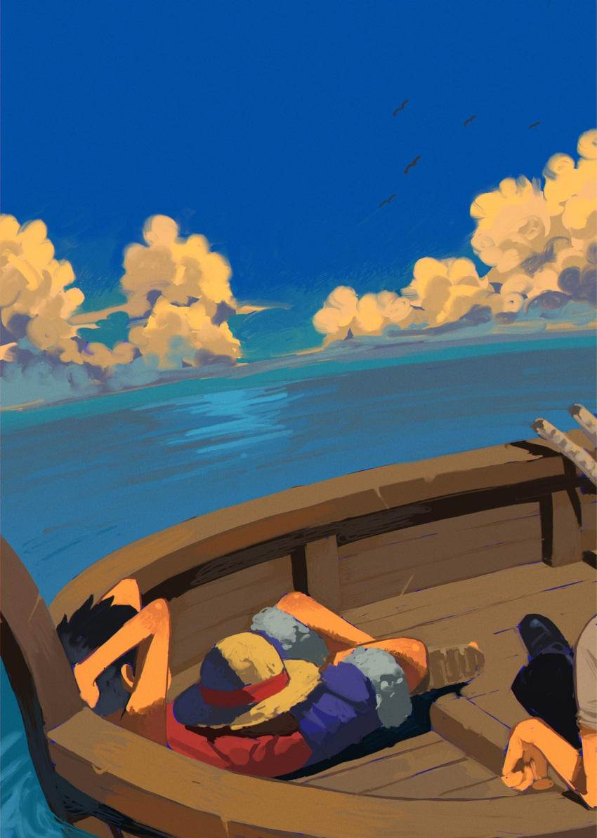 2boys arms_behind_back bird black_hair blue_sky boat clouds cloudy_sky covered_face crossed_legs fur_trim hat highres lying monkey_d._luffy multiple_boys ocean on_back one_piece red_shirt roronoa_zoro sandals seagull shirt short_hair sky straw_hat sword tamagosan1001 watercraft weapon white_shirt