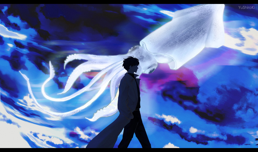 1boy absurdres animal black_hair black_shirt coat collared_shirt dark faceless facing_to_the_side glowing hands_in_pockets highres kim_dokja letterboxed male_focus omniscient_reader's_viewpoint open_clothes open_coat outdoors oversized_animal shirt short_hair solo squid surreal variant_set walking white_coat yu_shiro_ki