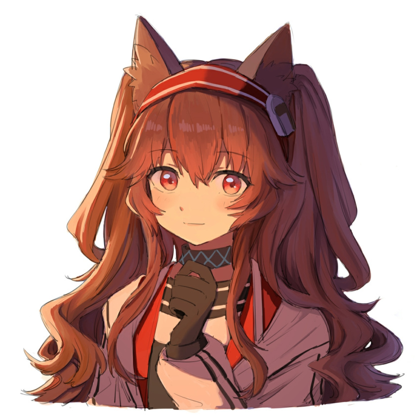 1girl angelina_(arknights) animal_ear_fluff animal_ears arknights black_collar black_gloves black_shirt blush brown_hair collar fox_ears fox_girl gloves hairband hand_up infection_monitor_(arknights) jacket kurukubouru long_hair long_sleeves looking_at_viewer open_clothes open_jacket portrait red_eyes red_hairband shirt simple_background smile solo twintails white_background white_jacket