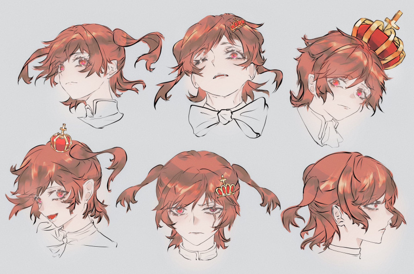 1girl aijou_karen ascot bow bowtie brown_hair closed_mouth commentary cropped_shoulders crown crown_hair_ornament floating_hair grey_background hair_between_eyes hair_ornament hairclip highres looking_ahead looking_at_viewer lower_teeth_only mini_crown multiple_views official_alternate_costume official_alternate_hairstyle one_eye_closed open_mouth parted_lips partially_colored portrait profile qisu_zhang red_eyes scar scar_across_eye scar_on_face shirt short_hair shoujo_kageki_revue_starlight simple_background smile teeth tilted_headwear two_side_up uneven_eyes upper_teeth_only v-shaped_eyebrows