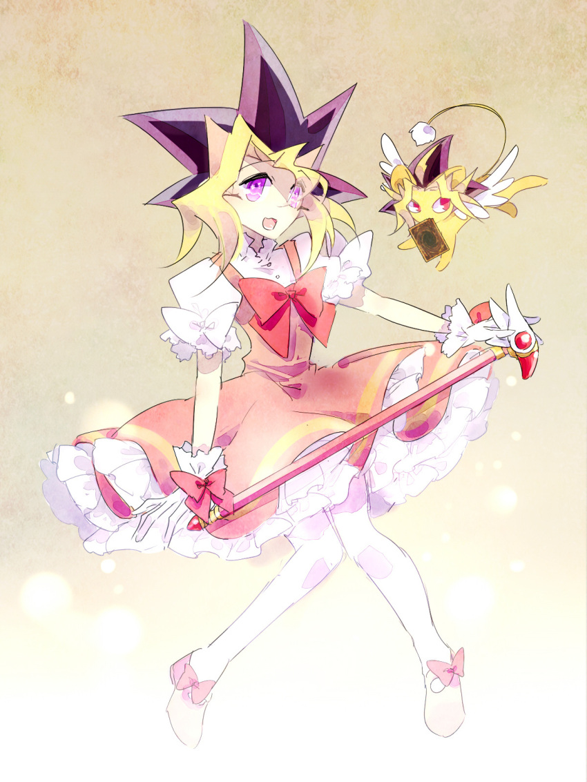 bow card cardcaptor_sakura cosplay gloves highres holding holding_wand kero kinomoto_sakura kinomoto_sakura_(cosplay) multicolored_hair mutou_yuugi open_mouth purple_hair red_bow violet_eyes wand white_bow white_gloves wings yami_yuugi yu-gi-oh! yu-gi-oh!_duel_monsters yuthie00