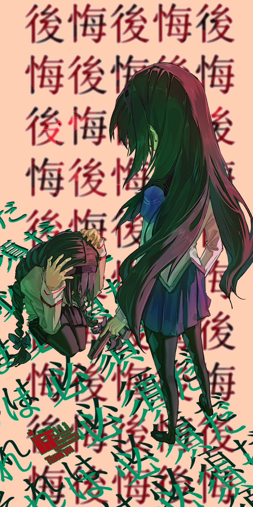 2girls akemi_homura argyle_clothes argyle_footwear black_boots black_capelet black_hair black_pantyhose black_skirt boots braid brown_shoes capelet dress dual_persona from_behind full_body gun handgun hands_on_own_head highres holding holding_gun holding_weapon juliet_sleeves kneeling kokaiff lace-trimmed_shirt lace-trimmed_sleeves lace_trim long_hair long_sleeves low_twin_braids magical_girl mahou_shoujo_madoka_magica mahou_shoujo_madoka_magica_(anime) miniskirt multiple_girls orange_background pantyhose pleated_skirt puffy_sleeves purple_capelet purple_skirt shirt shoes short_dress sidelocks skirt skirt_under_dress sleeve_cuffs standing text_background thigh_boots translation_request twin_braids two-tone_capelet uwabaki very_long_hair weapon white_dress yellow_shirt