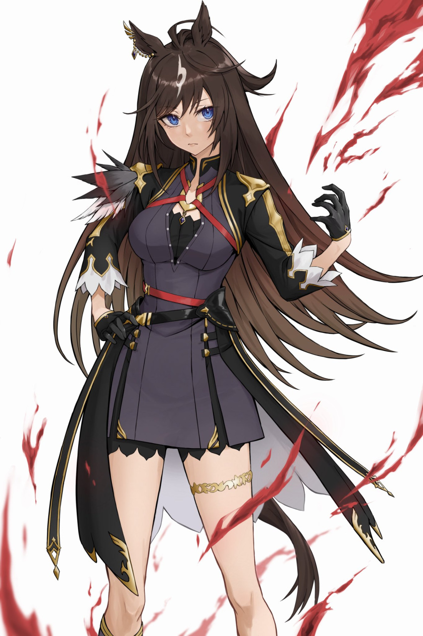 1girl animal_ears aura belt black_dress black_gloves black_jacket blue_eyes breasts brown_hair closed_mouth cowlick dress duramente_(umamusume) expressionless feathers feet_out_of_frame gloves hand_on_own_hip hand_up highres horse_ears horse_girl horse_tail jacket long_hair looking_at_viewer mamu_t7s medium_breasts short_dress solo standing tail thigh_strap umamusume white_background