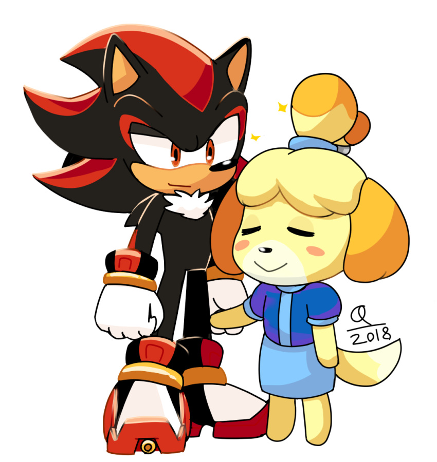1boy 1girl 2018 animal_crossing animal_ears blush_stickers closed_eyes cosplay crossover dog_ears dog_tail full_body furry furry_female furry_male isabelle_(animal_crossing) light_smile maria_robotnik maria_robotnik_(cosplay) orange_eyes quark196 shadow_the_hedgehog sonic_(series) sparkle tail topknot transparent_background