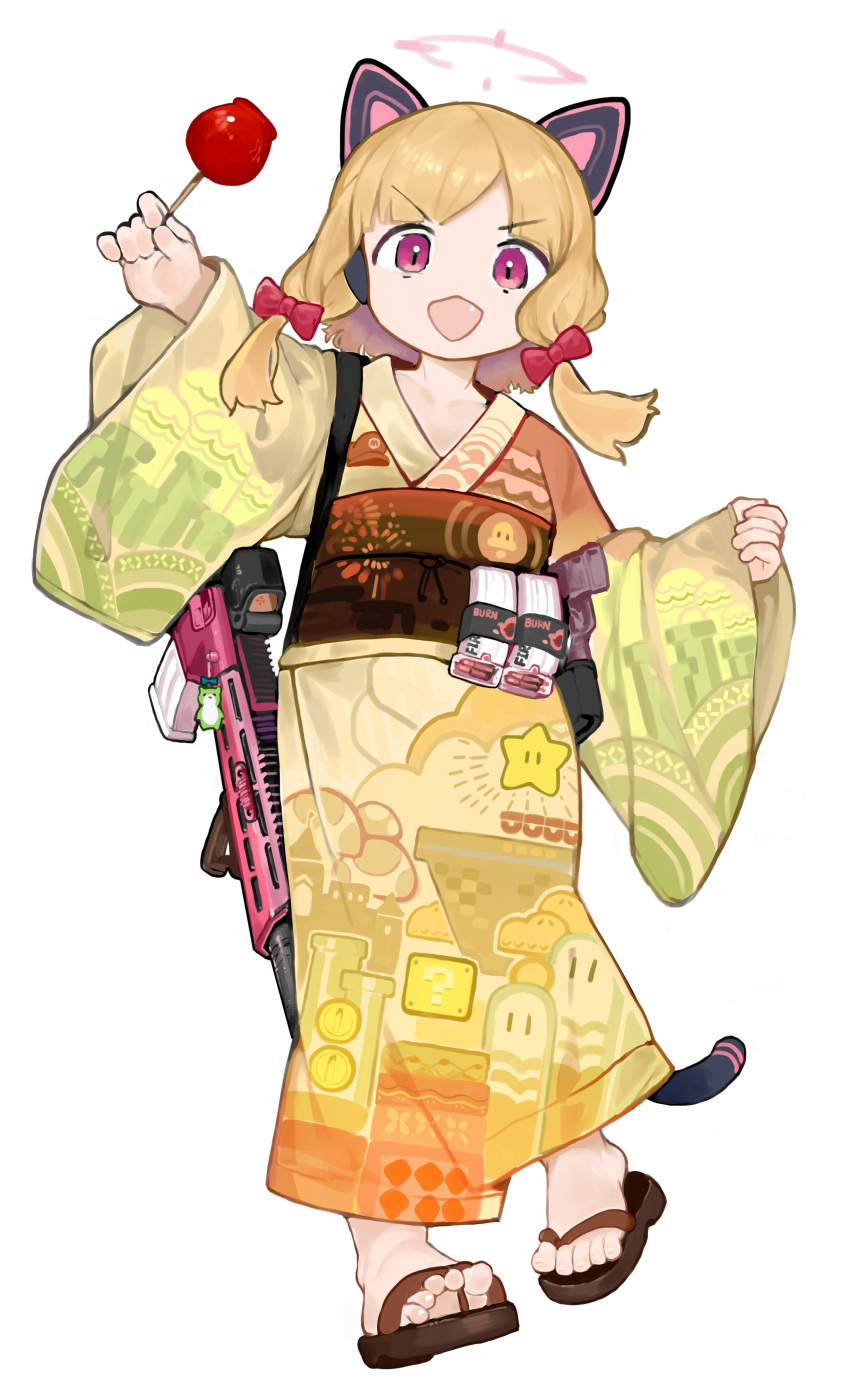 1girl ?_block absurdres alternate_costume animal_ear_headphones animal_ears battle_rifle blonde_hair blue_archive bow candy_apple cat_ear_headphones clip_(weapon) coin commentary fake_animal_ears food full_body geta gun h&amp;k_g3 hair_bow halo headphones highres holding holding_food japanese_clothes kimono looking_at_viewer medium_hair menthako momoi_(blue_archive) new_super_mario_bros._u_deluxe no_socks obi obijime open_mouth print_kimono red_bow red_eyes rifle sash short_hair simple_background solo standing straight-on super_mario_3d_land super_mario_3d_world super_mario_bros. super_mario_odyssey super_star_(mario) symbol-only_commentary v-shaped_eyebrows warp_pipe weapon white_background yukata |_|