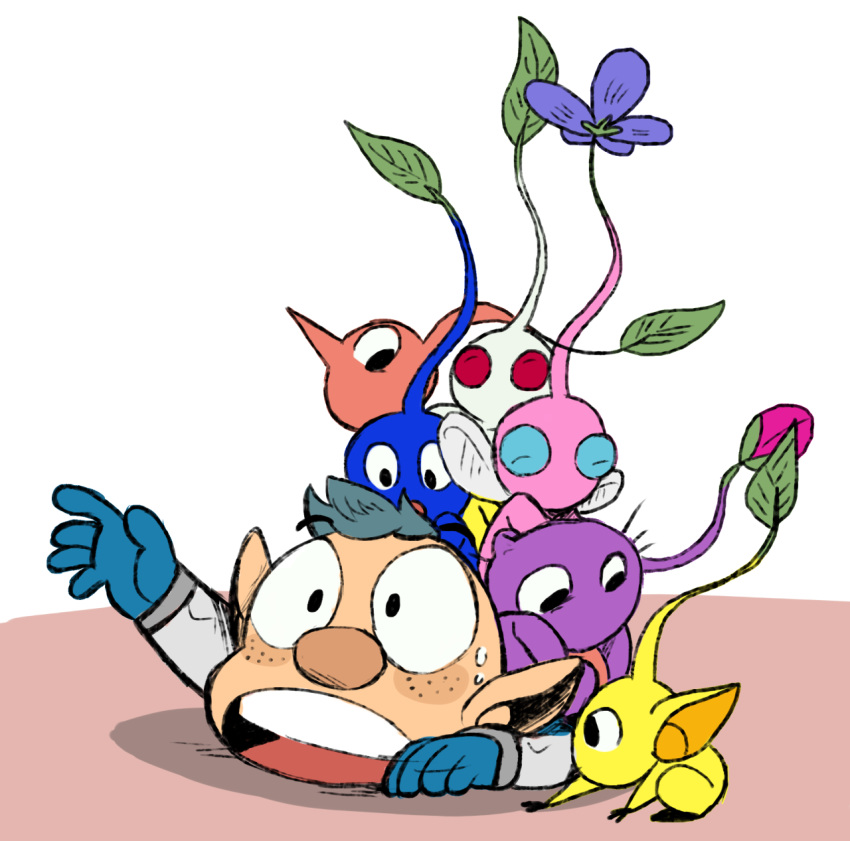 1boy alien all_fours alph_(pikmin) black_eyes blue_eyes blue_gloves blue_hair blue_pikmin blue_skin blush_stickers colored_skin commentary english_commentary flower freckles frown gloves highres insect_wings leaf looking_at_another looking_at_viewer lying no_headwear no_mouth on_stomach open_mouth outstretched_arm pikmin_(creature) pikmin_(series) pink_skin pointy_ears pointy_nose purple_flower purple_pikmin purple_skin red_eyes red_pikmin red_skin shadow short_hair sitting sitting_on_person solid_circle_eyes spacesuit sweat teeth triangle_mouth upper_teeth_only urfbownd very_short_hair white_background white_pikmin white_skin wide-eyed winged_pikmin wings yellow_pikmin yellow_skin