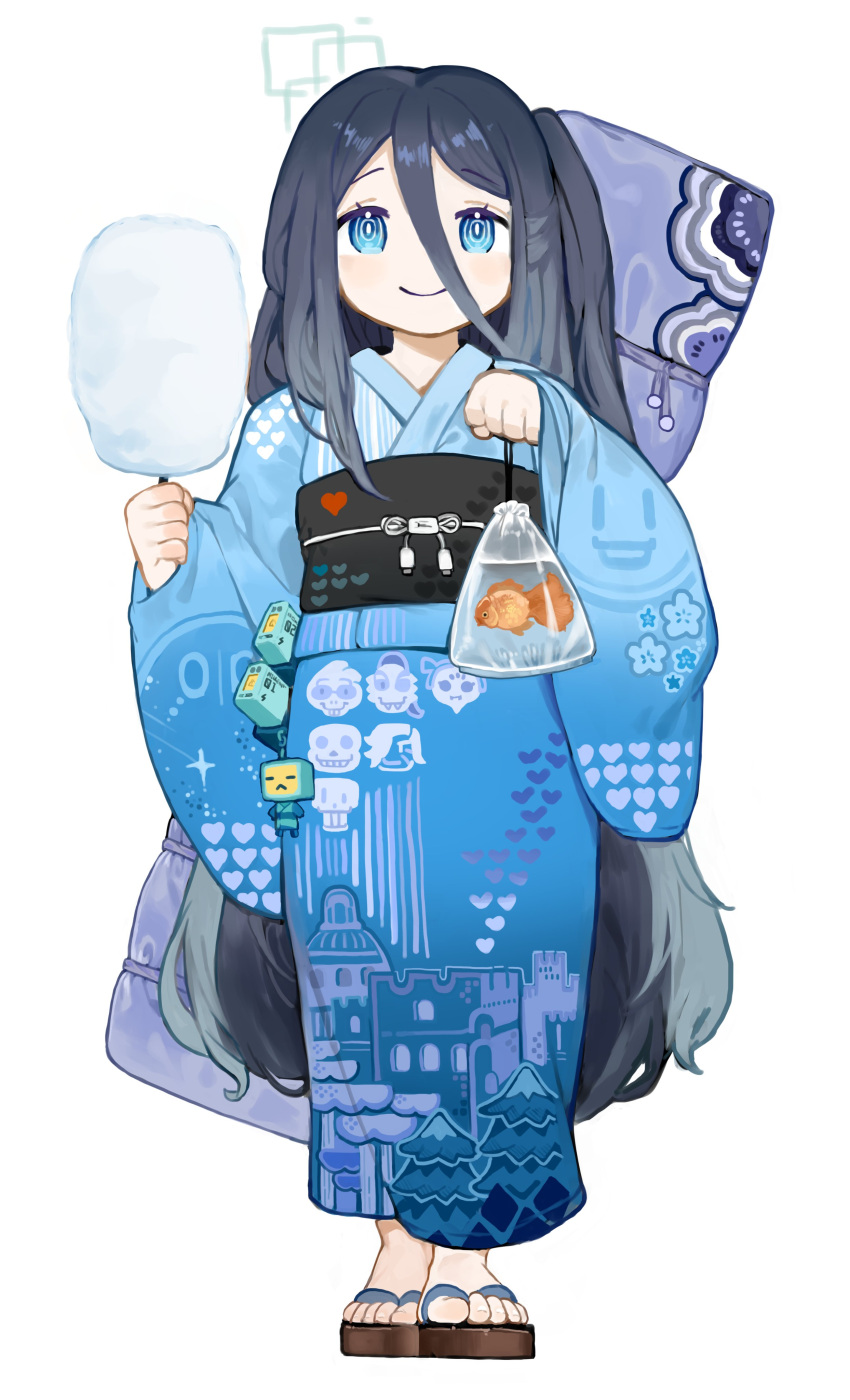 1girl absurdres alternate_costume aris_(blue_archive) bag bagged_fish black_hair blue_archive blue_eyes closed_mouth commentary cotton_candy fish full_body geta goldfish hair_between_eyes halo highres japanese_clothes kimono long_bangs long_hair looking_at_viewer menthako no_socks obi obijime print_kimono sash simple_background solo standing straight-on symbol-only_commentary undertale very_long_hair white_background yukata