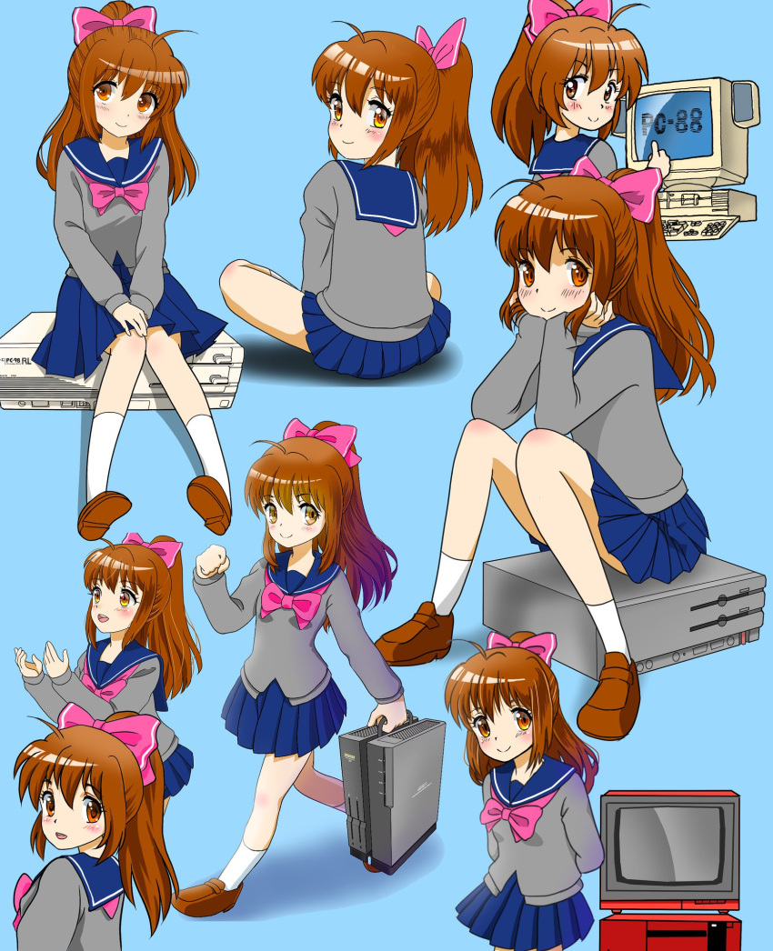 1girl arms_behind_back blue_background blue_sailor_collar blue_skirt bow bowtie brown_eyes brown_footwear brown_hair computer from_behind full_body grey_sweater hair_bow hands_on_own_chin hands_on_own_knees high_ponytail highres keyboard_(computer) leaning_forward loafers looking_at_viewer medium_hair monitor multiple_views nec_pc-8801 original pc-98_(computer) pink_bow pink_bowtie pleated_skirt sailor_collar shadow sharp_x1 shoes sitting skirt smile sweater walking x68000 yuekuratsu