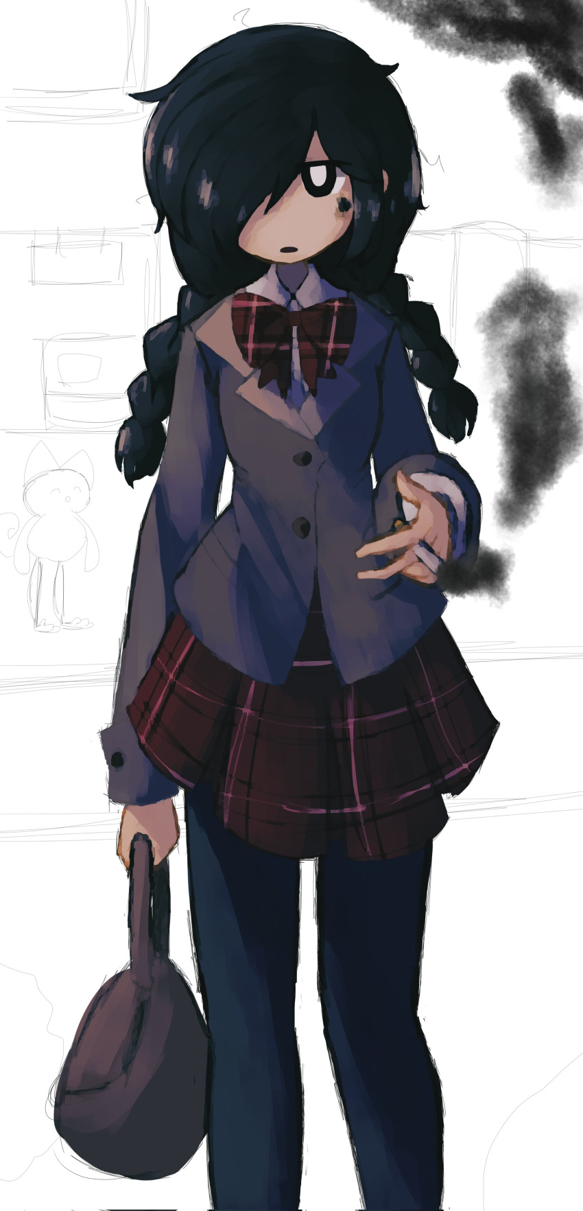 1girl absurdres arm_at_side bag black_eyes black_hair black_pantyhose blazer bow bowtie braid bright_pupils buttons cigarette closed_mouth commentary english_commentary expressionless feet_out_of_frame grey_jacket hair_over_one_eye hand_up highres holding holding_bag holding_cigarette iesonatana jacket kurai_yonaka long_hair long_sleeves looking_at_viewer miniskirt mogeko_castle pantyhose plaid plaid_skirt pleated_skirt red_bow red_bowtie red_skirt school_uniform shirt skirt solo standing twin_braids white_pupils