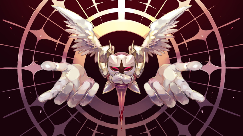 1boy akakiao_tea angel_wings beckoning black_background blood blood_on_weapon circle closed_eyes commentary_request disembodied_limb extra_hands feathered_wings galacta_knight gloves gold_horns holding holding_polearm holding_weapon kirby_(series) lance no_humans polearm red_eyes sabaton shoulder_pads solid_eye solo spread_wings weapon white_footwear white_gloves white_mask white_wings wings