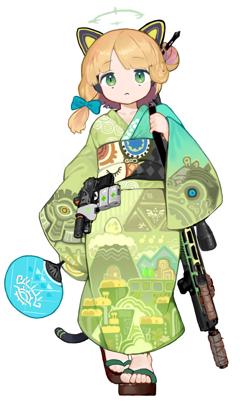 1girl absurdres alternate_costume animal_ear_headphones animal_ears battle_rifle belt_pouch blonde_hair blue_archive blue_bow bow cat_ear_headphones closed_mouth commentary fake_animal_ears full_body geta green_eyes gun h&amp;k_g3 hair_bow halo hand_fan headphones highres holding holding_fan japanese_clothes kimono looking_at_viewer medium_hair menthako midori_(blue_archive) no_socks obi obijime paper_fan pouch print_kimono rifle sash simple_background solo standing straight-on symbol-only_commentary the_legend_of_zelda the_legend_of_zelda:_breath_of_the_wild the_legend_of_zelda:_tears_of_the_kingdom uchiwa weapon white_background yukata