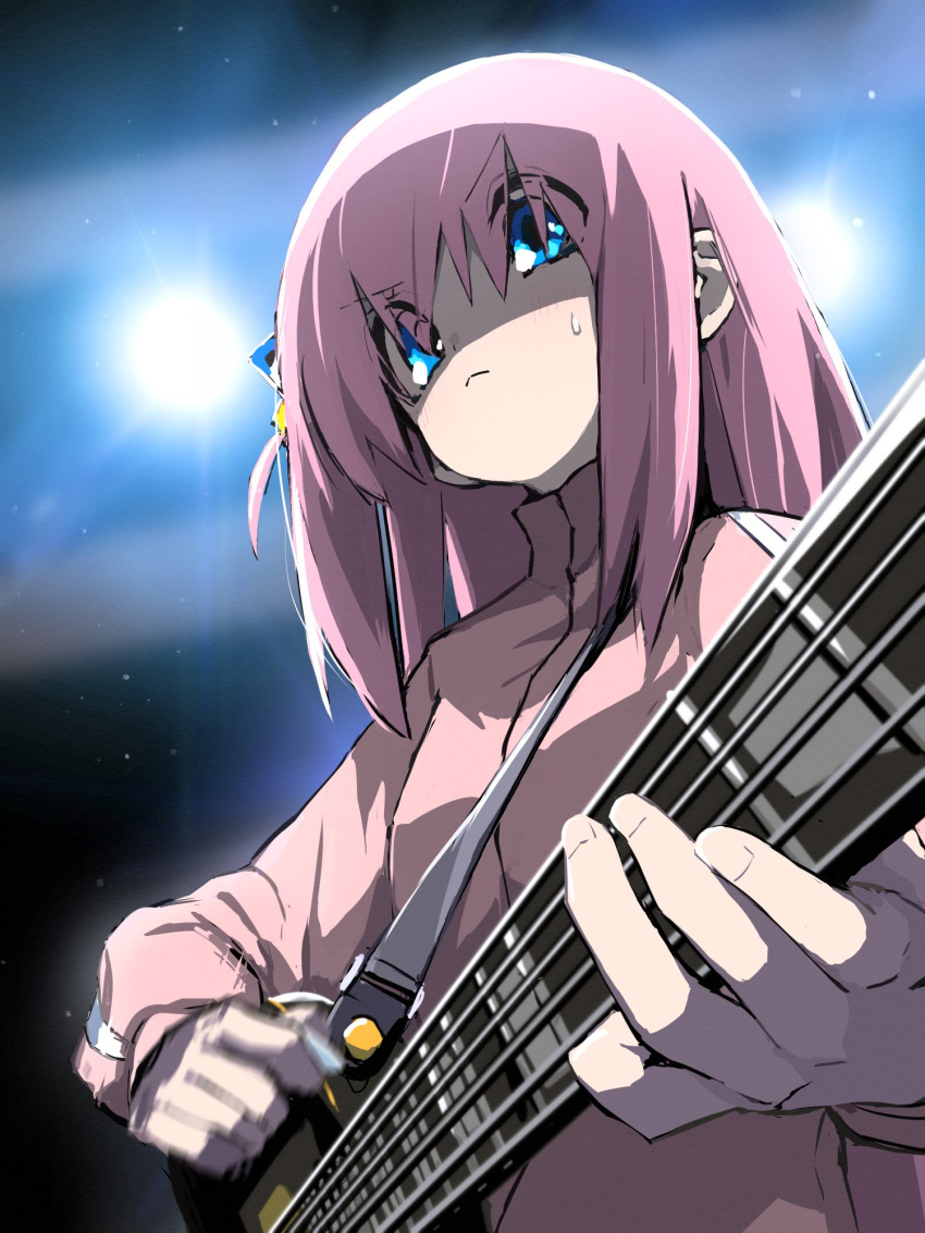 1girl blue_eyes blurry blurry_background bocchi_the_rock! closed_mouth cube_hair_ornament gotoh_hitori hair_between_eyes hair_ornament highres holding holding_instrument instrument jacket long_hair music one_side_up pink_hair pink_jacket playing_instrument plectrum shaded_face solo sweat track_jacket upper_body very_long_hair yachima_tana