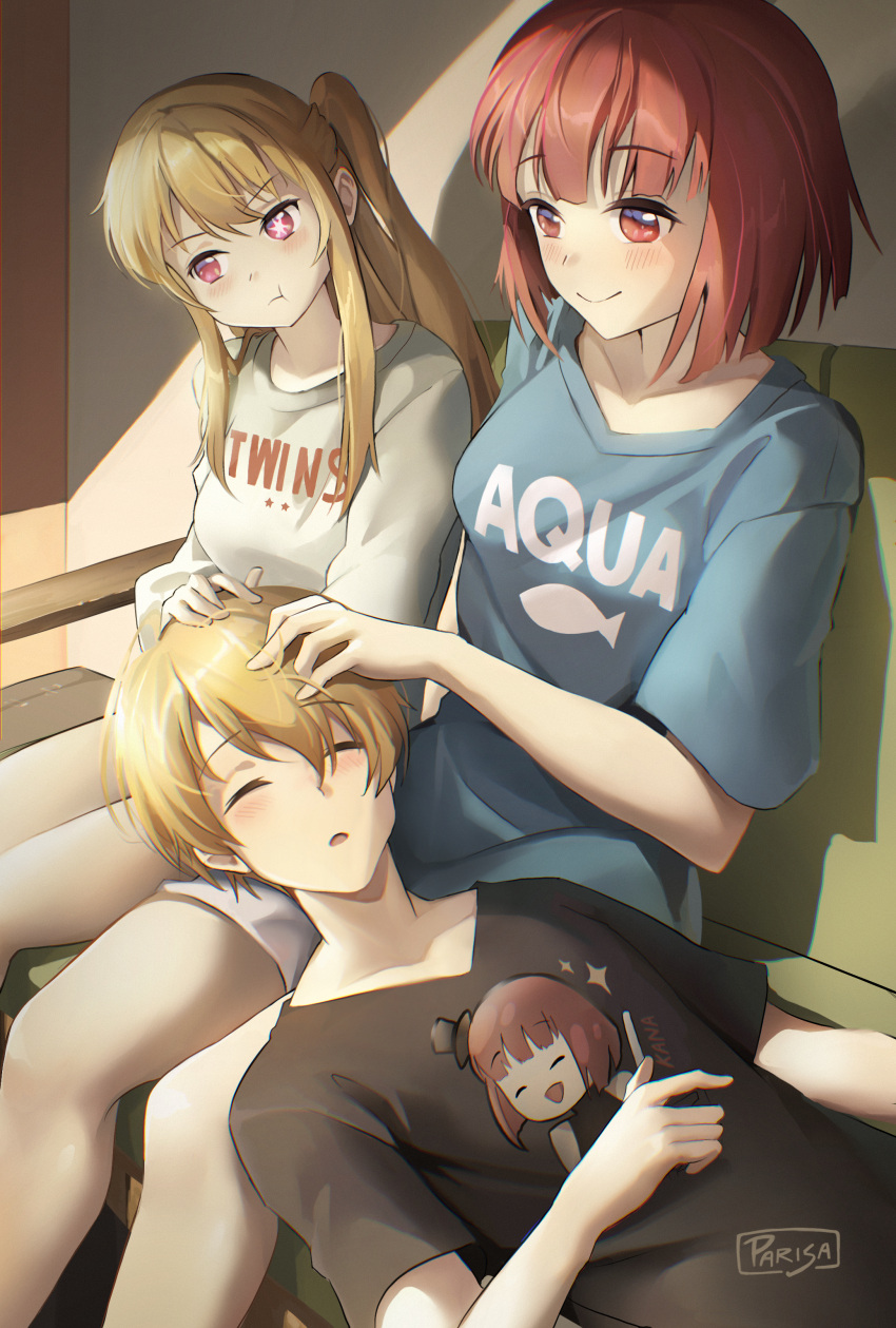 1boy 2girls :o absurdres arima_kana black_shirt blonde_hair blue_shirt blush bob_cut breasts brother_and_sister character_name closed_eyes closed_mouth collarbone commentary commission couch couple hand_in_another's_hair highres hoshino_aquamarine hoshino_ruby indoors inverted_bob lap_pillow long_hair medium_breasts medium_hair mismatched_pupils multiple_girls no_pupils one_eye_closed open_mouth oshi_no_ko parisa_reaz pink_eyes pout red_eyes redhead shade shirt short_hair short_sleeves shorts siblings sitting smile star-shaped_pupils star_(symbol) symbol-shaped_pupils twins white_shirt white_shorts