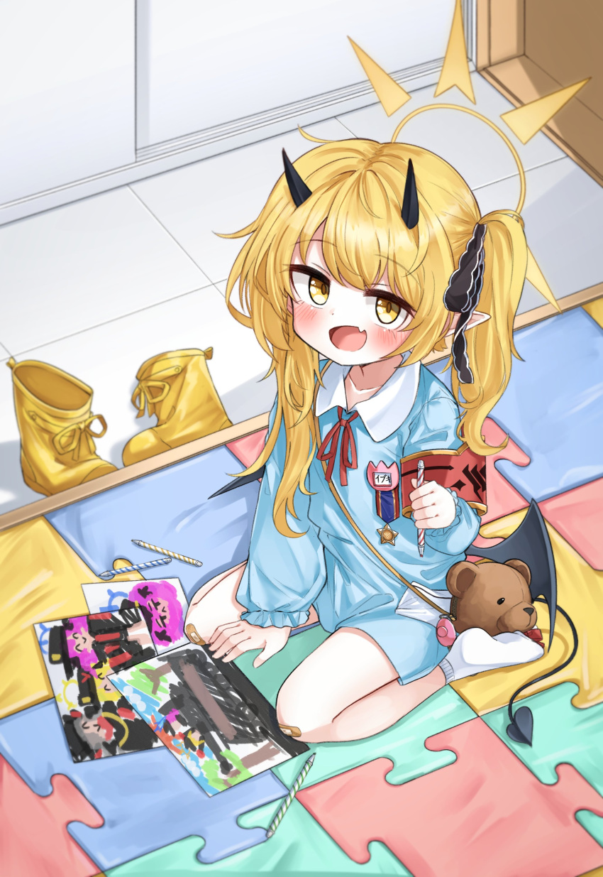 1girl absurdres animal_bag armband bag bandaid bandaid_on_knee bandaid_on_leg black_ribbon blonde_hair blue_archive blue_shirt blush boots child's_drawing collarbone commentary demon_girl demon_horns demon_tail demon_wings fang hair_ribbon halo highres holding holding_marker horns ibuki_(blue_archive) indoors jokebag kindergarten_uniform long_hair long_sleeves looking_at_viewer low_wings marker name_tag neck_ribbon no_shoes one_side_up open_mouth pointy_ears red_armband red_ribbon ribbon shirt shoulder_bag sitting skin_fang socks solo tail unworn_footwear wariza white_socks wings yellow_eyes yellow_footwear yellow_halo