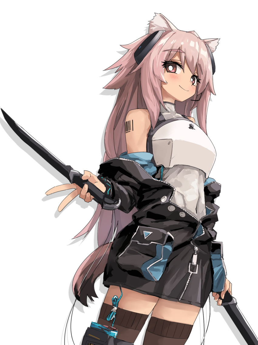 1girl animal_ears arknights arm_tattoo armor barcode barcode_tattoo black_jacket breastplate brown_thighhighs closed_mouth covered_navel dual_wielding earpiece gravel_(arknights) headset highres holding holding_weapon jacket long_hair looking_at_viewer off_shoulder pink_hair prairie_dog_ears prairie_dog_girl prairie_dog_tail red_eyes shoulder_tattoo simple_background solo tail tattoo thigh-highs very_long_hair weapon white_background yachima_tana