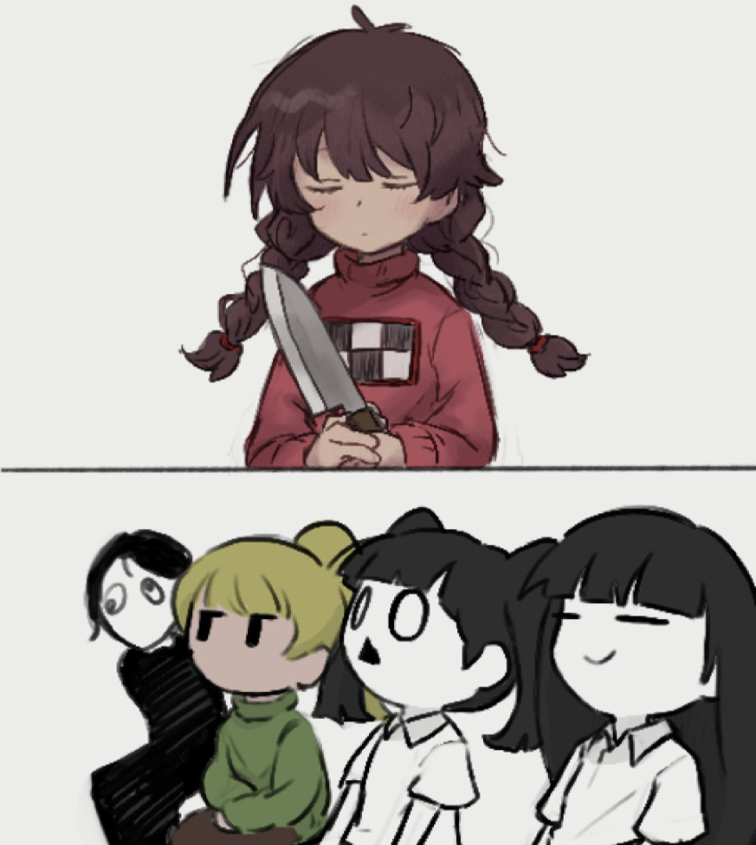 1boy 4girls 6_9 black_hair blonde_hair braid brown_hair closed_eyes collared_shirt colored_skin gaijin_4koma_(meme) green_sweater highres holding holding_knife knife long_hair long_sleeves madotsuki medium_hair meme monoe monoko multiple_girls no_mouth pikopiko_bibibi pink_sweater poniko ponytail sekomumasada_sensei shirt short_sleeves solid_oval_eyes sweater triangle_mouth turtleneck twin_braids twintails white_background white_shirt white_skin yume_nikki